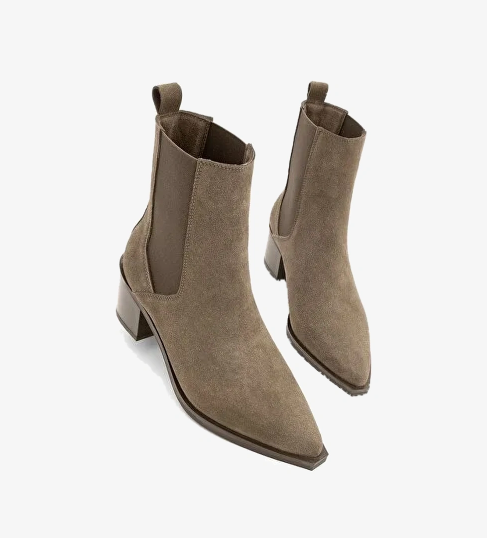 Kadın Sivri Burun Kalın Topuklu Çift Lastikli Topuklu Bot Ropes Kahve Süet - Görsel 1