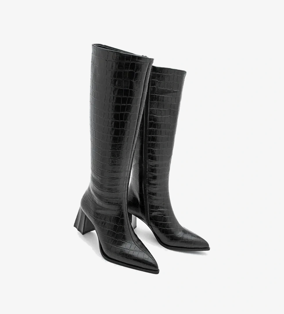 Kadın Sivri Burun Kalın Topuklu Çizme Alenta Siyah Croco - Görsel 1