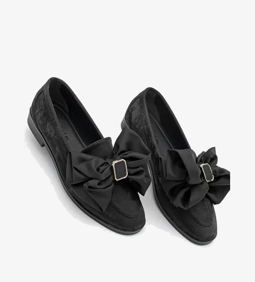 Kadın Loafer Tokalı Fiyonk Detaylı Saten Günlük Ayakkabı Arvus Siyah Süet - Görsel 1