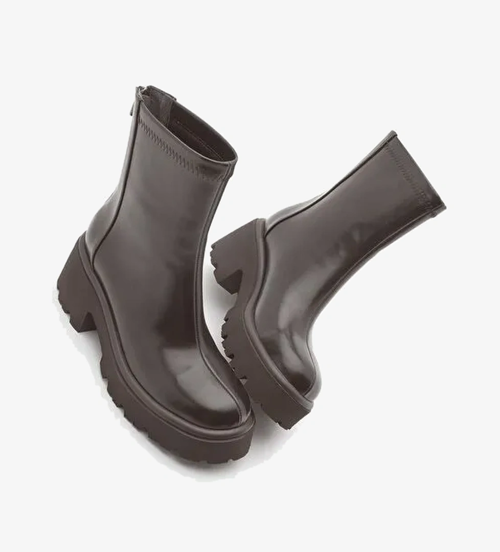 Kadın Arkadan Fermuarlı Kalın Topuklu Günlük Bot Lofani Kahve - Görsel 1