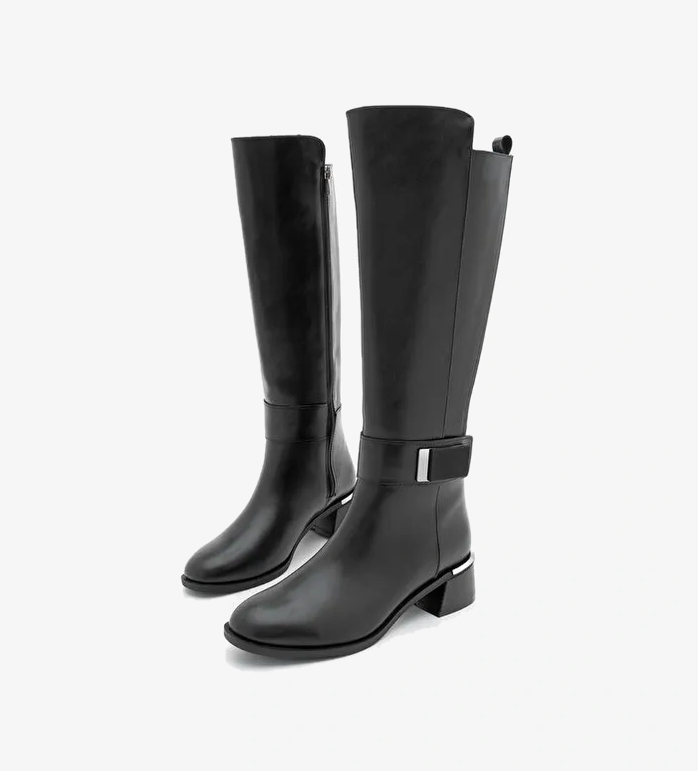 Kadın Günlük Bilekten Tokalı Metal Ökçe Fermuarlı Lastikli Topuklu Çizme Ayole Siyah - Görsel 1