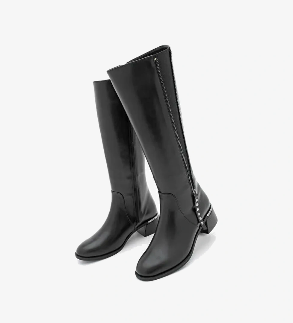 Kadın Fermuar Aksesuarlı Metal Ökçeli Kalın Topuklu Çizme Aneka Siyah - Görsel 1