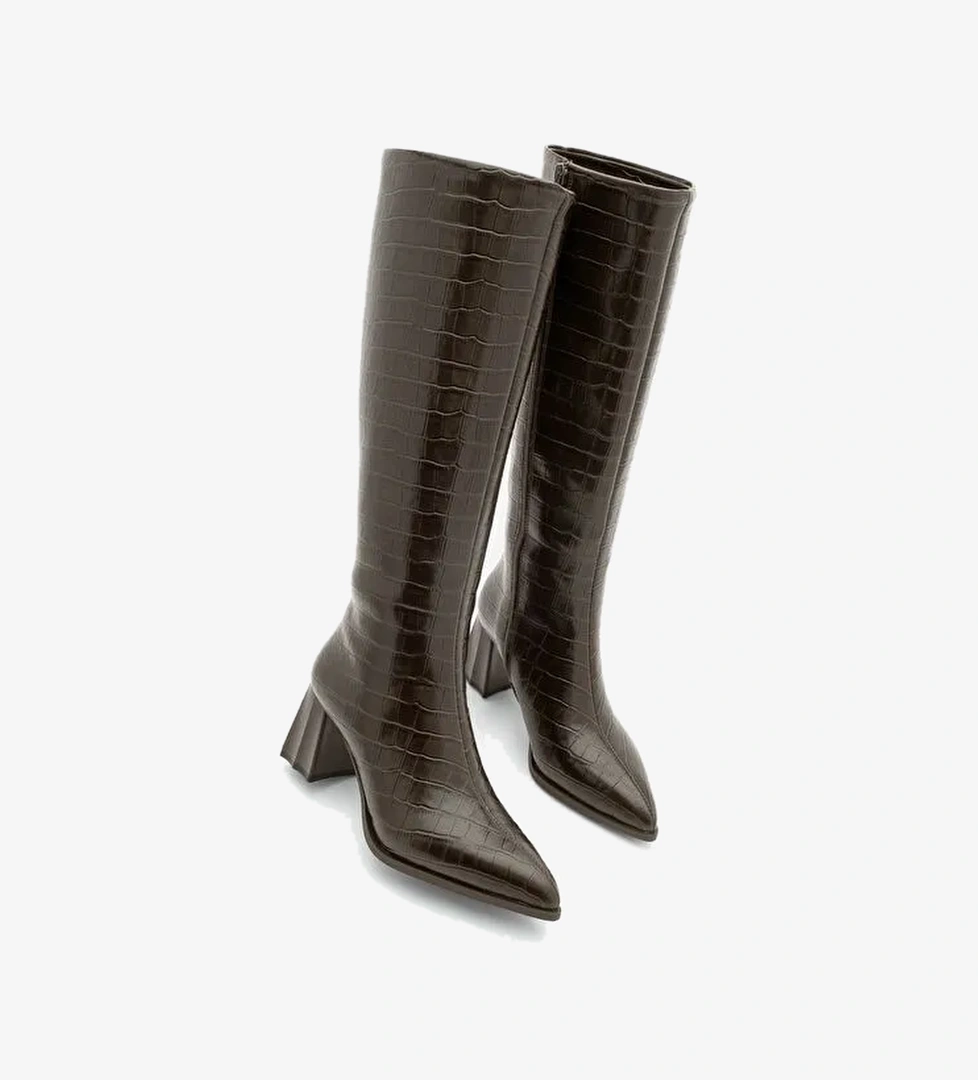 Kadın Sivri Burun Kalın Topuklu Çizme Alenta Kahve Croco