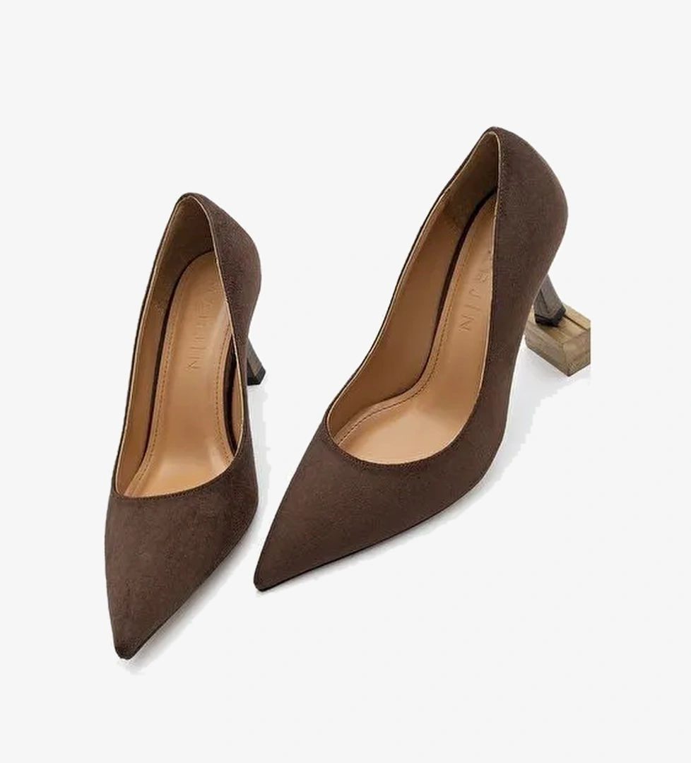 Kadın Stiletto Sivri Burun Ahşap Desenli Ökçe Topuklu Ayakkabı Zonar Kahve Süet