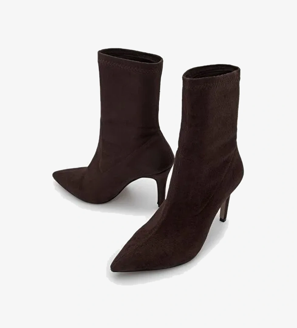 Kadın Sivri Burun Fermuarsız Streç Süet Topuklu Bot Pesina Kahve - Görsel 1