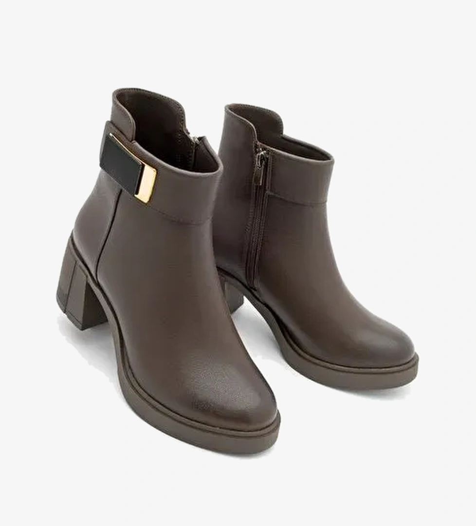 Kadın Tokalı Fermuarlı Kalın Topuklu Bot Nuvos Kahve - Görsel 1