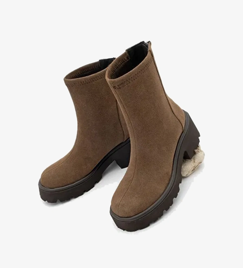 Kadın Arkadan Fermuarlı Kalın Topuklu Günlük Bot Lofani Kahve Süet - Görsel 1