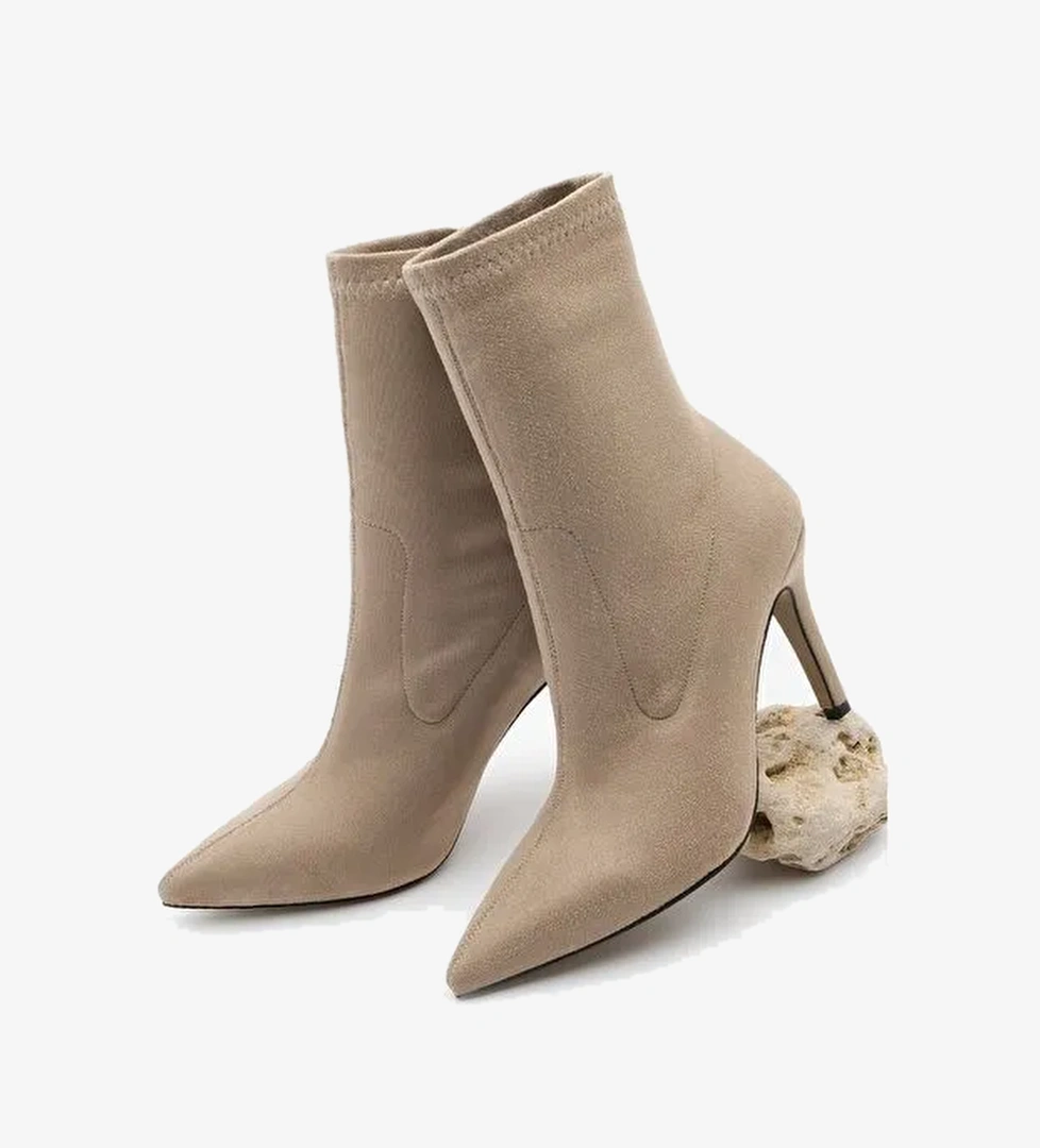 Kadın Sivri Burun Fermuarsız Streç Süet Topuklu Bot Pesina Vizon - Görsel 1