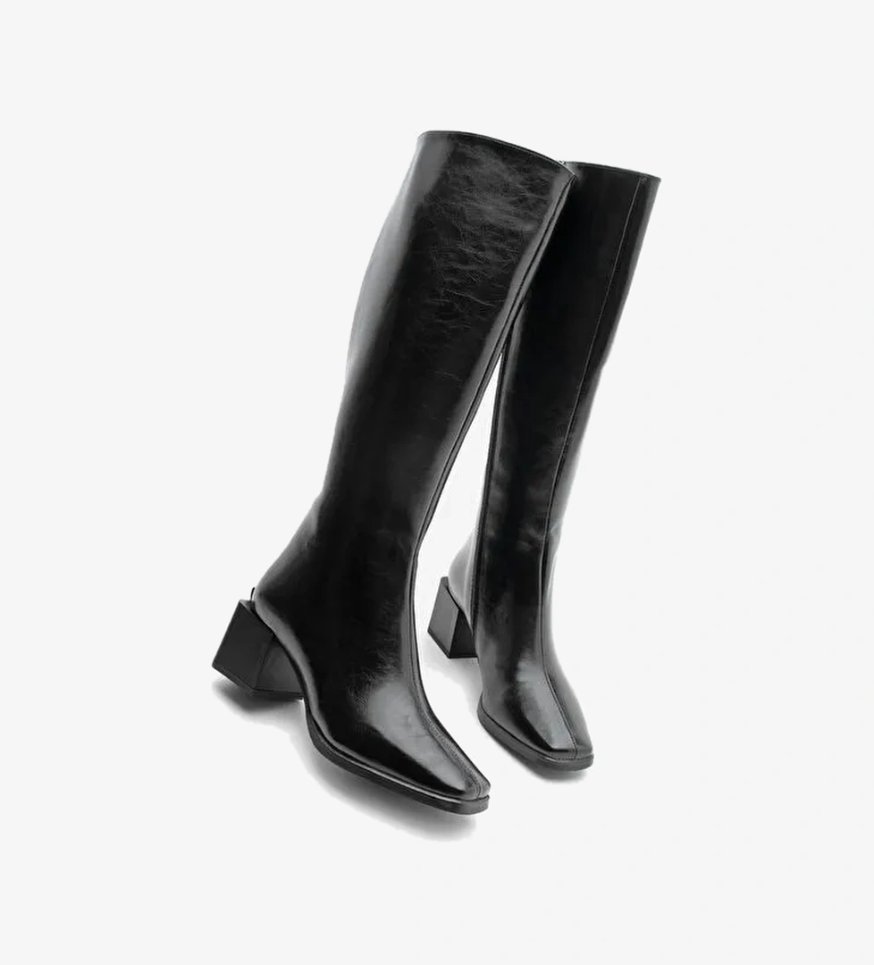 Kadın Küt Burun Fermuarlı Kalın Topuklu Çizme Lusso Siyah - Görsel 1