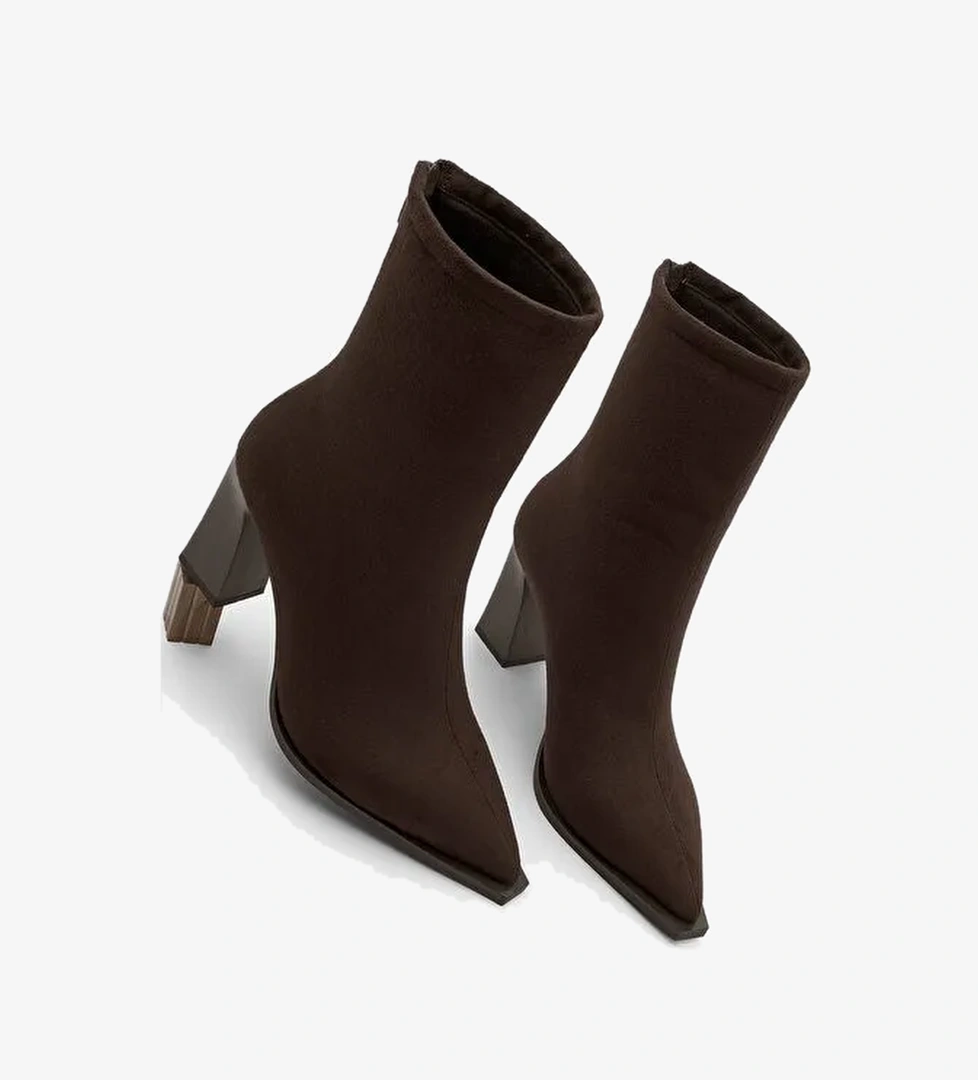 Kadın Topuklu Bot Sivri Burun Arkadan Fermuarlı Kalın Ökçe Kikas Kahve Süet - Görsel 1