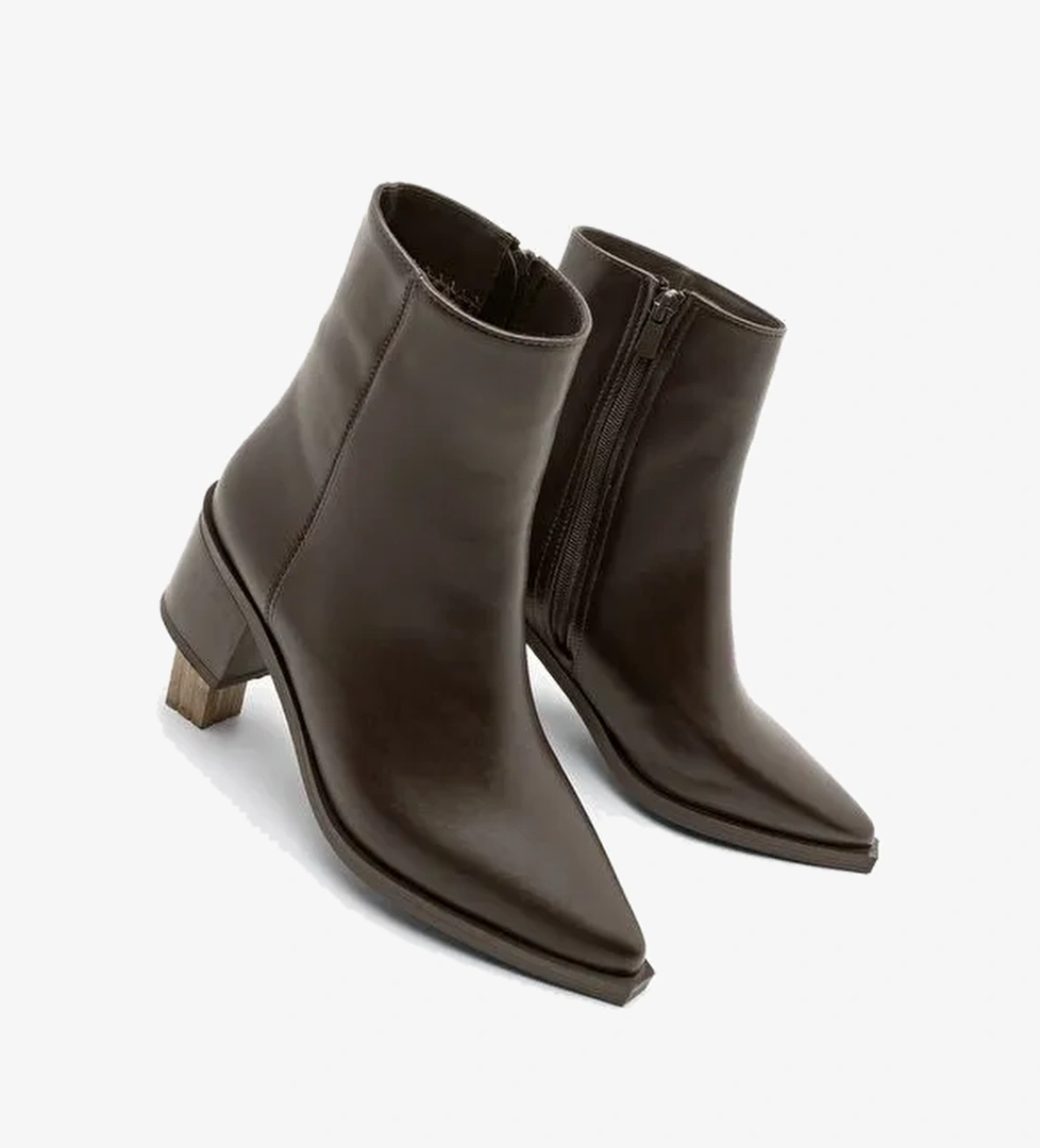 Kadın Sivri Burun Dikiş Detaylı Kalın Topuklu Bot Vorsis Kahve - Görsel 1