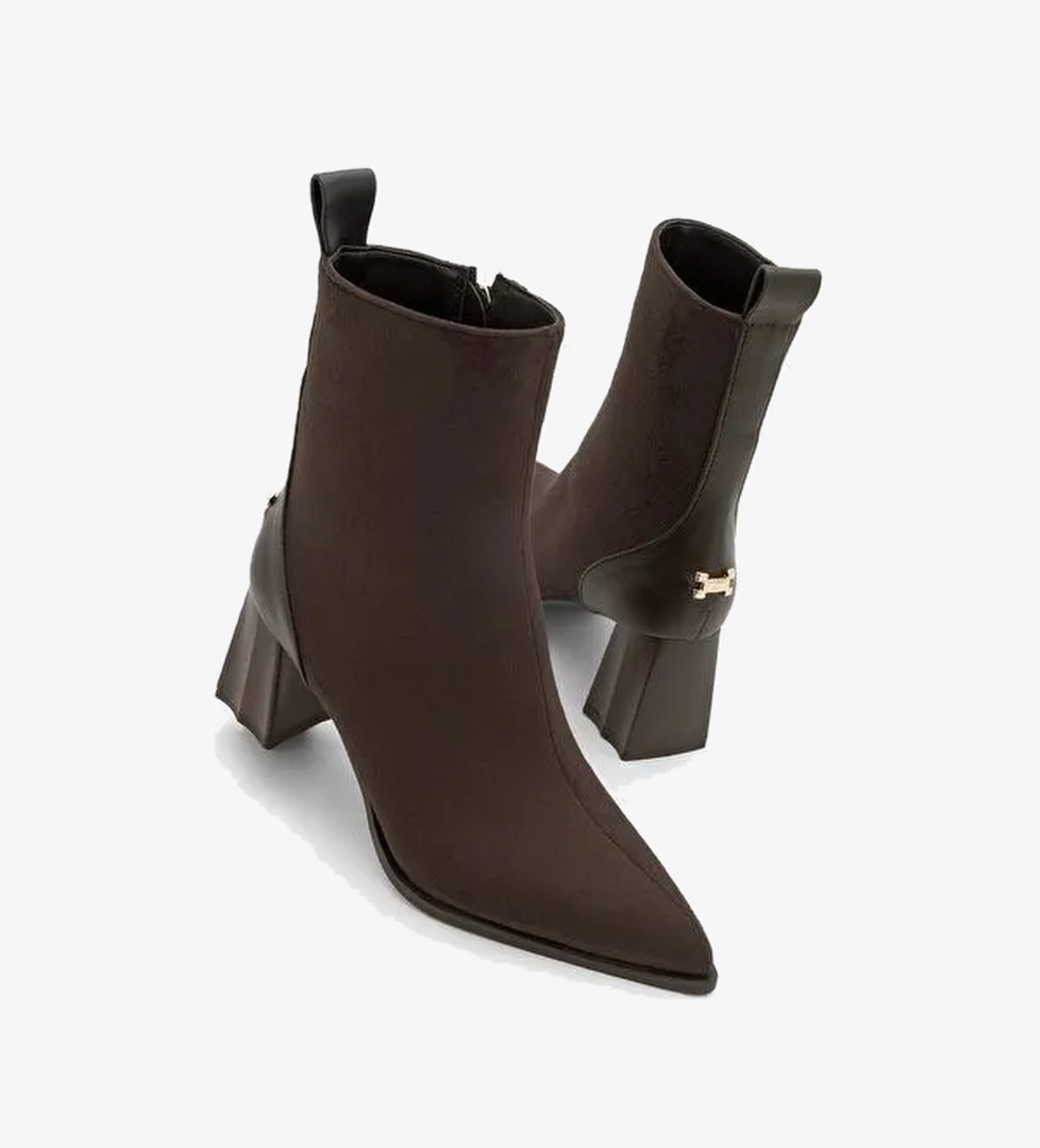 Kadın Sivri Burun Kalın Ökçe Topuklu Bot Esvon Kahve Süet - Görsel 1