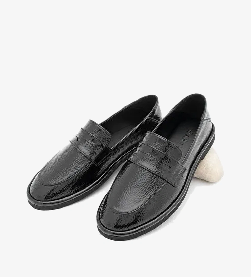 Kadın Loafer Düz Taban Makosen Günlük Ayakkabı Riston Siyah Rugan - Görsel 1