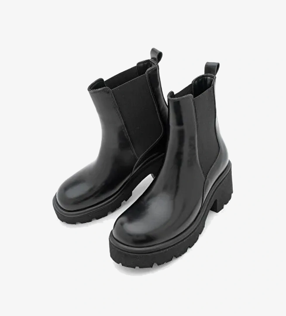 Kadın Kalın Tırtıklı Taban Elastik Yan Bantlı Günlük Bot Zates Siyah - Görsel 1