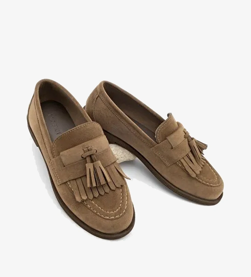 Kadın Loafer Püsküllü Günlük Ayakkabı Petlin Taba Süet - Görsel 1