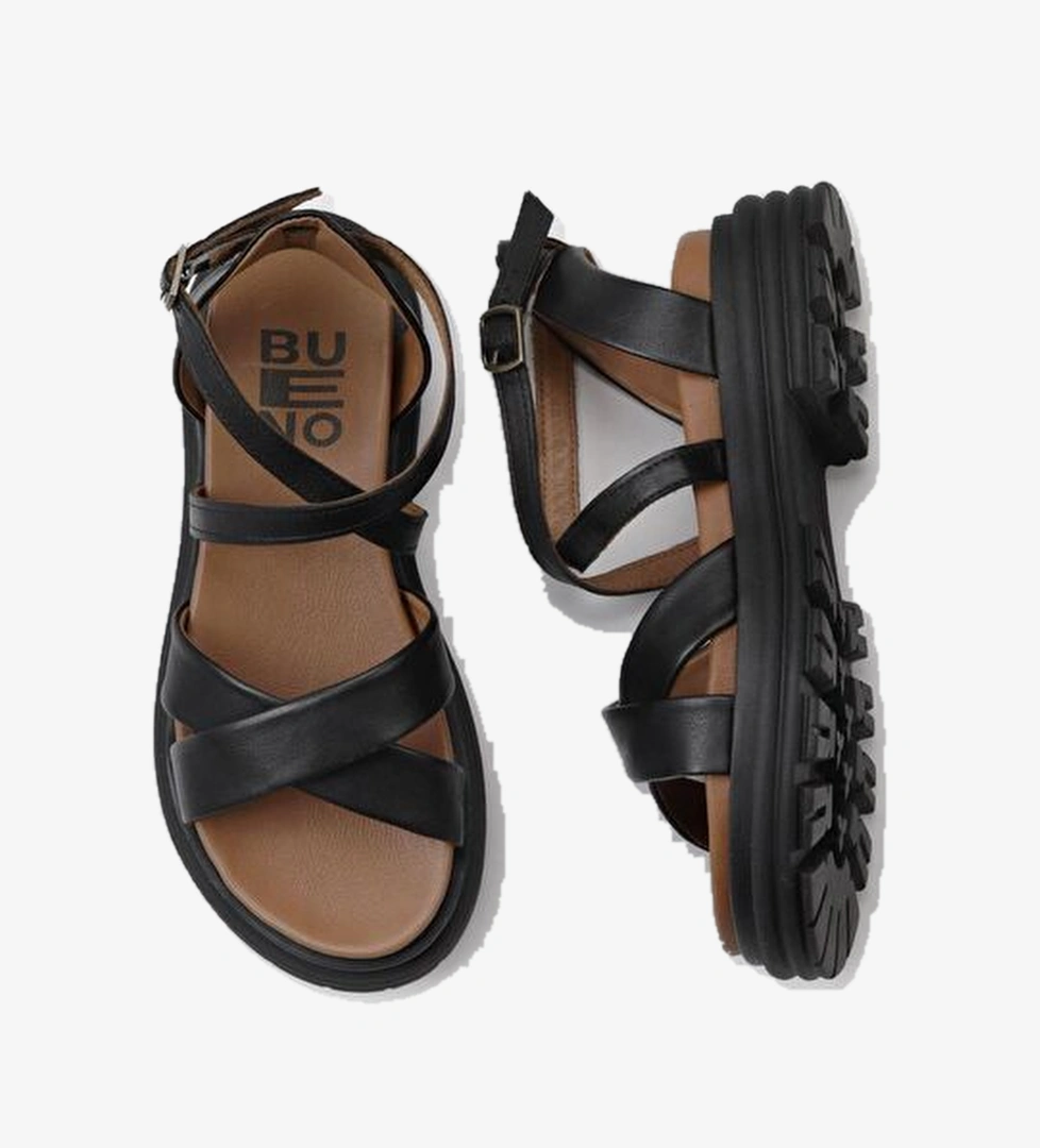 Bueno Shoes Siyah Khv Deri Kadın Dolgu Topuklu Sandalet 01wy8305 - Görsel 1