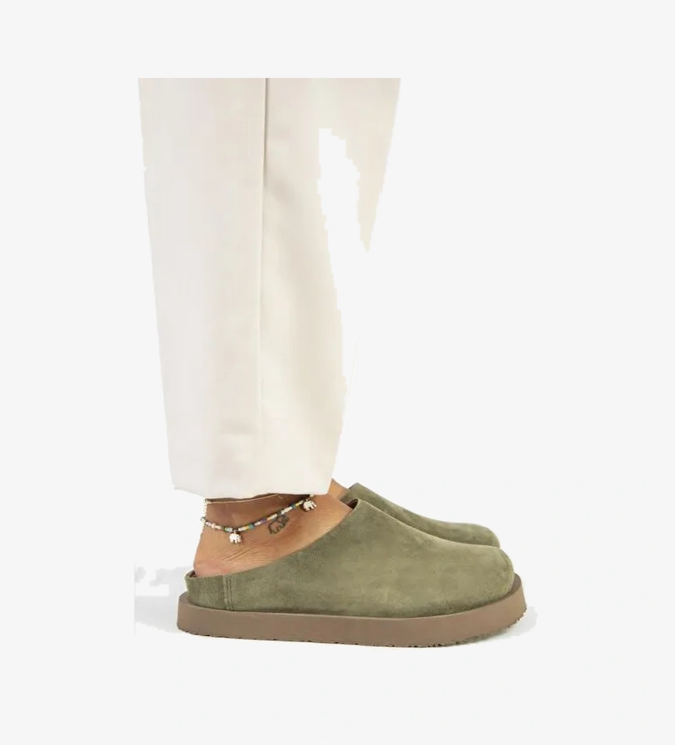 Manijero (Jana) Kadın Hakiki Deri Düz Platform Haki Terlik - Görsel 1