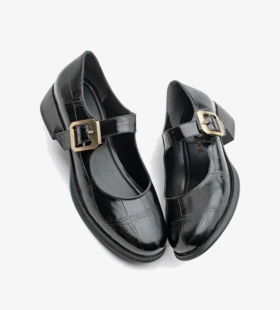 Kadın Tokalı Loafer Günlük Topuklu Ayakkabı Meniz Siyah Croco - Görsel 1