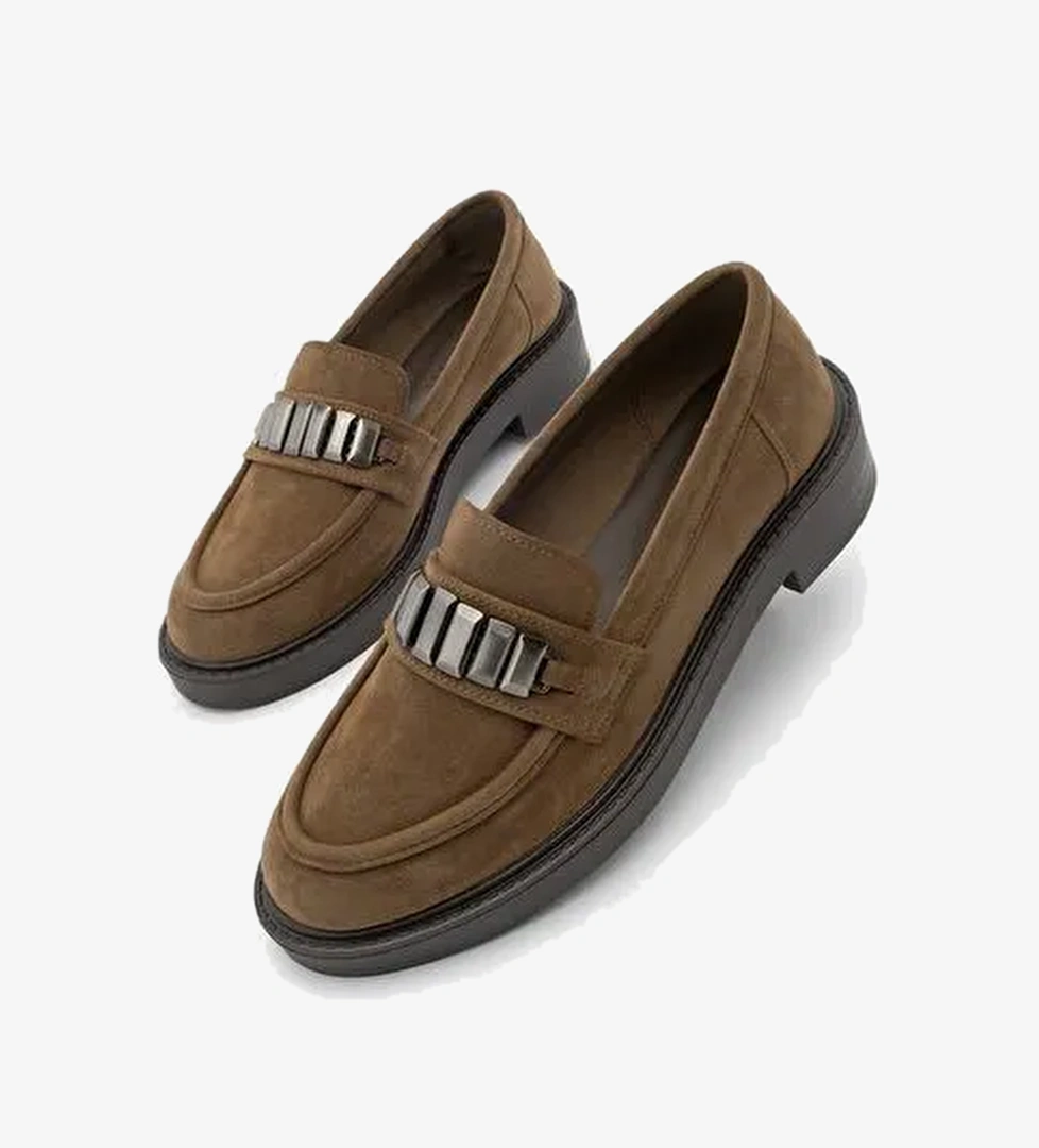 Kadın Loafer Makosen Tokalı Günlük Ayakkabı Vilyum Taba Süet - Görsel 1