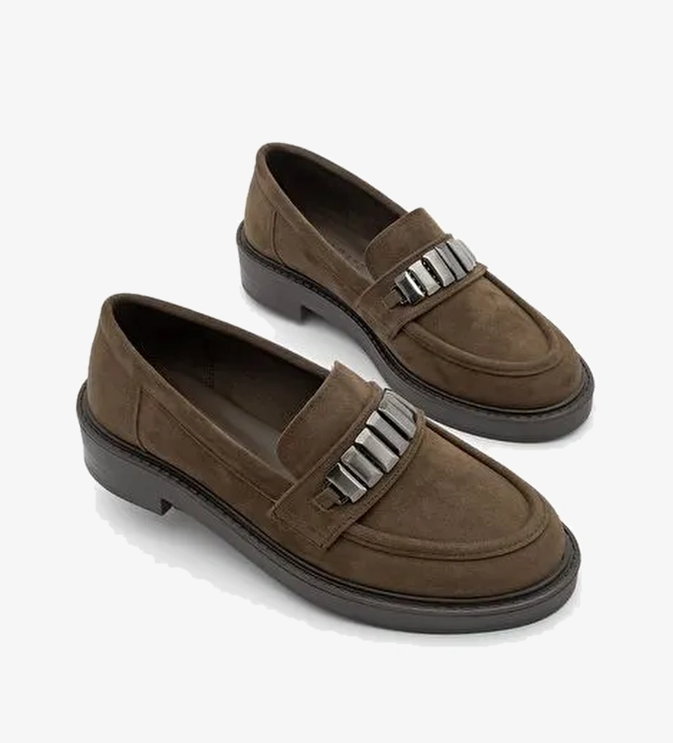 Kadın Loafer Makosen Tokalı Günlük Ayakkabı Vilyum Kahve Süet - Görsel 1