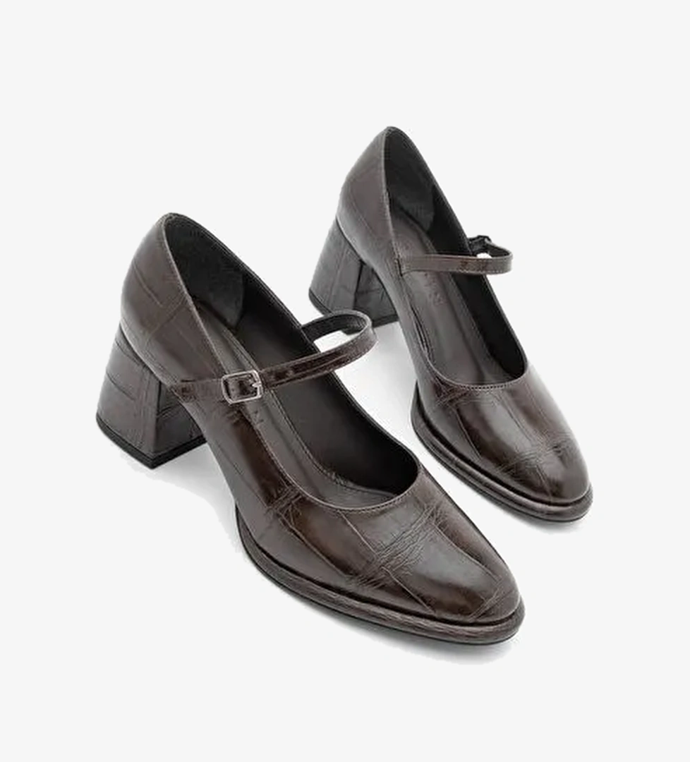 Kadın Loafer İnce Bantlı Kalın Topuklu Günlük Ayakkabı Vikas Kahve Croco - Görsel 1