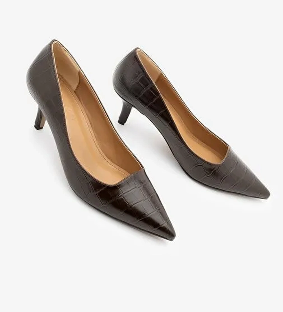 Kadın Stiletto Croco Desenli Topuklu Ayakkabı Olfin Kahve Croco - Görsel 1