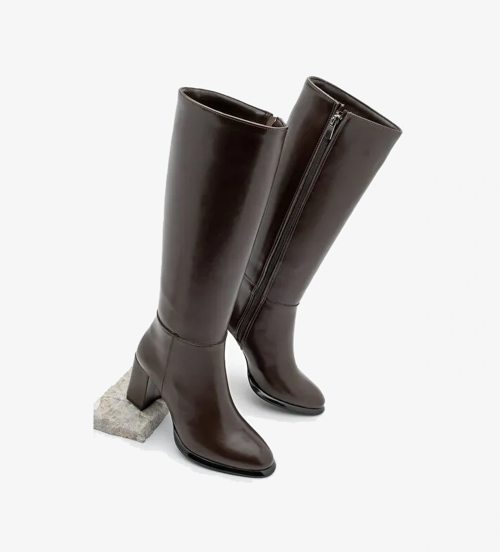 Kadın Fermuarlı Kalın Topuklu Çizme Lovet Kahve - Görsel 1