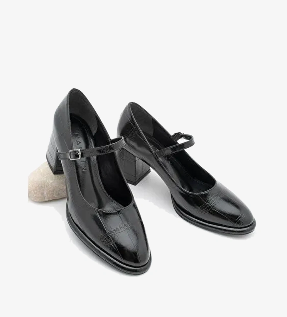 Kadın Loafer İnce Bantlı Kalın Topuklu Günlük Ayakkabı Vikas Siyah Croco - Görsel 1