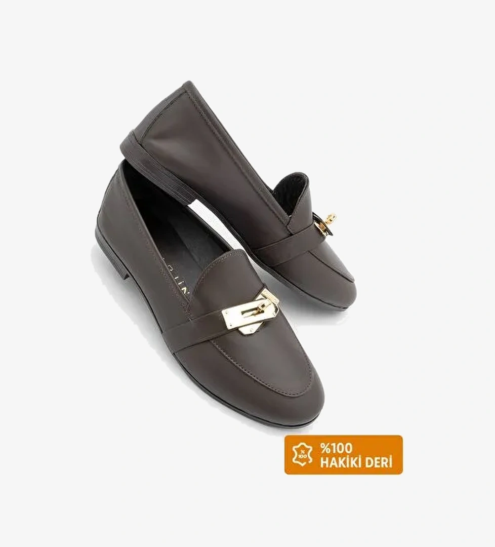 Kadın Loafer Hakiki Deri Tokalı Makosen Günlük Ayakkabı Nador Kahve - Görsel 1