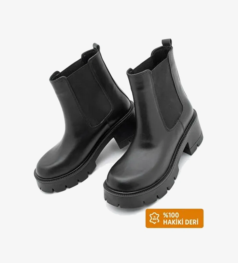Kadın Hakiki Deri Çift Lastikli Kalın Topuklu Günlük Bot Viper Siyah - Görsel 1