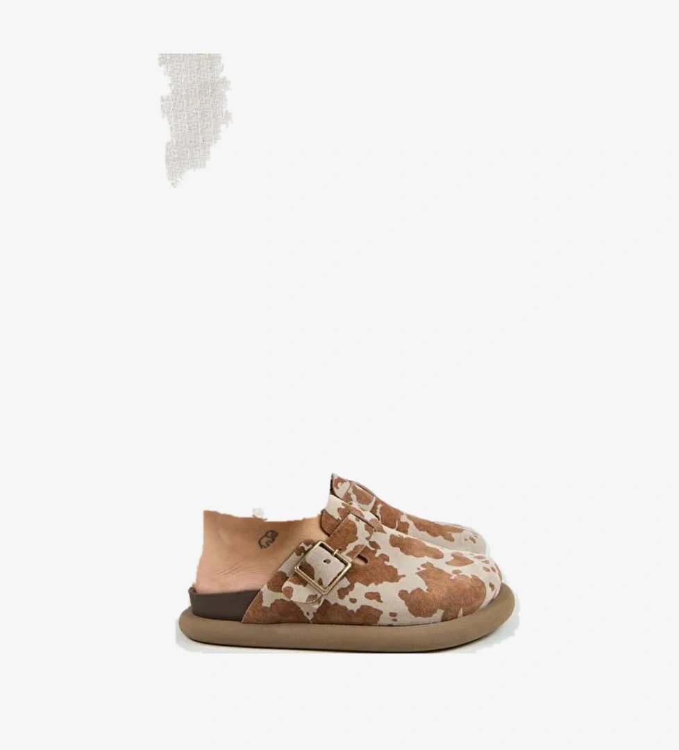 Manijero Naguall Zeta Kadın Deri Hakiki Deri Kemerli Tokalı Sabo Taba Benekli Terlik - Görsel 1