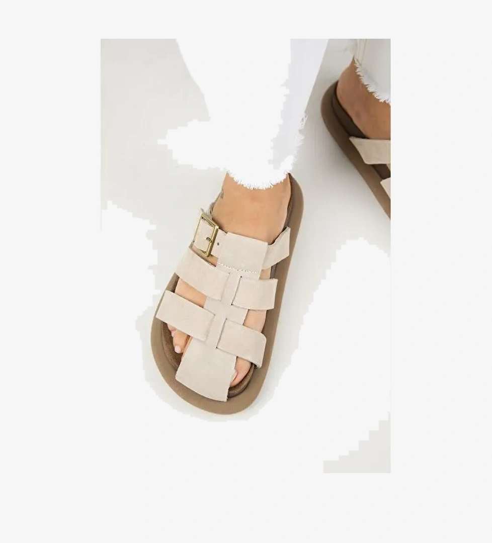 Manijero Brancato Kadın Hakiki Deri Tokalı Bantlı Sabo Bej Terlik - Görsel 1