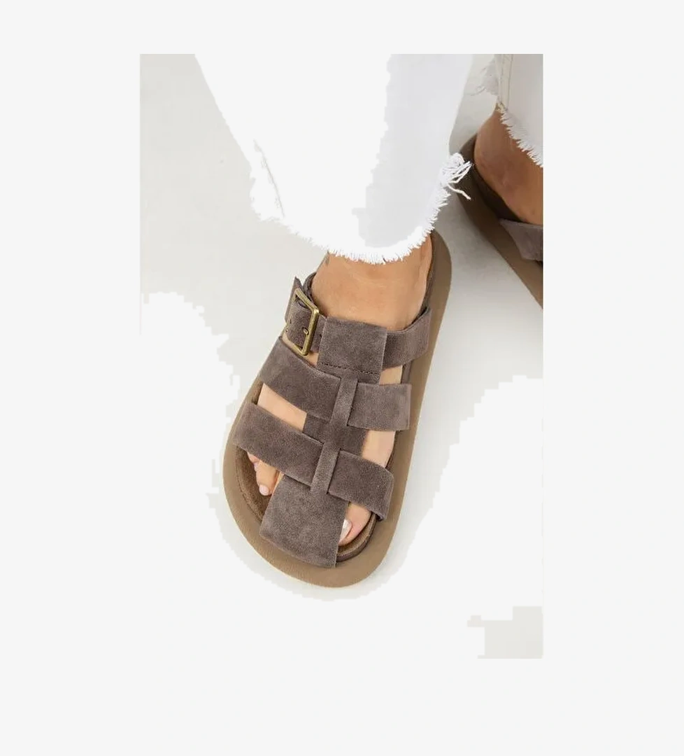 Manijero Brancato Kadın Hakiki Deri Tokalı Bantlı Sabo Kahve Terlik - Görsel 1