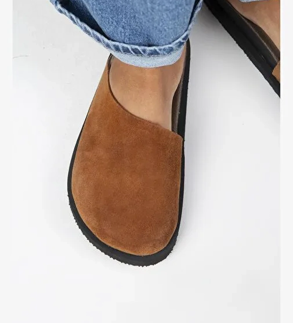 Manijero Ateshi Kadın Deri Hakiki Deri Düz Sabo Taba Terlik - Görsel 1