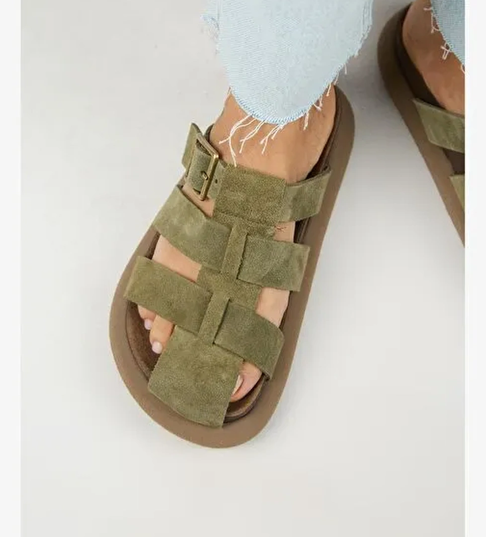 Manijero Brancato Kadın Hakiki Deri Tokalı Bantlı Sabo Haki Terlik - Görsel 1