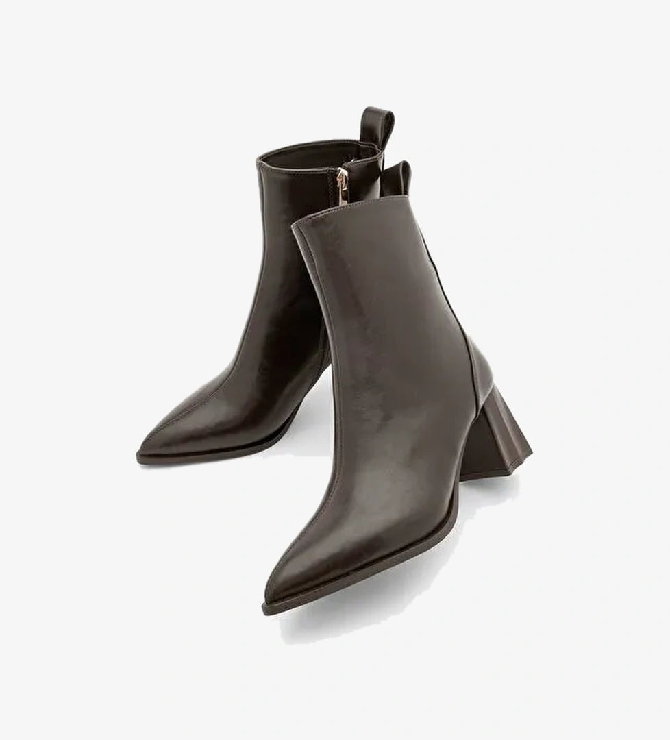 Kadın Sivri Burun Kalın Ökçe Topuklu Bot Esvon Kahve - Görsel 1