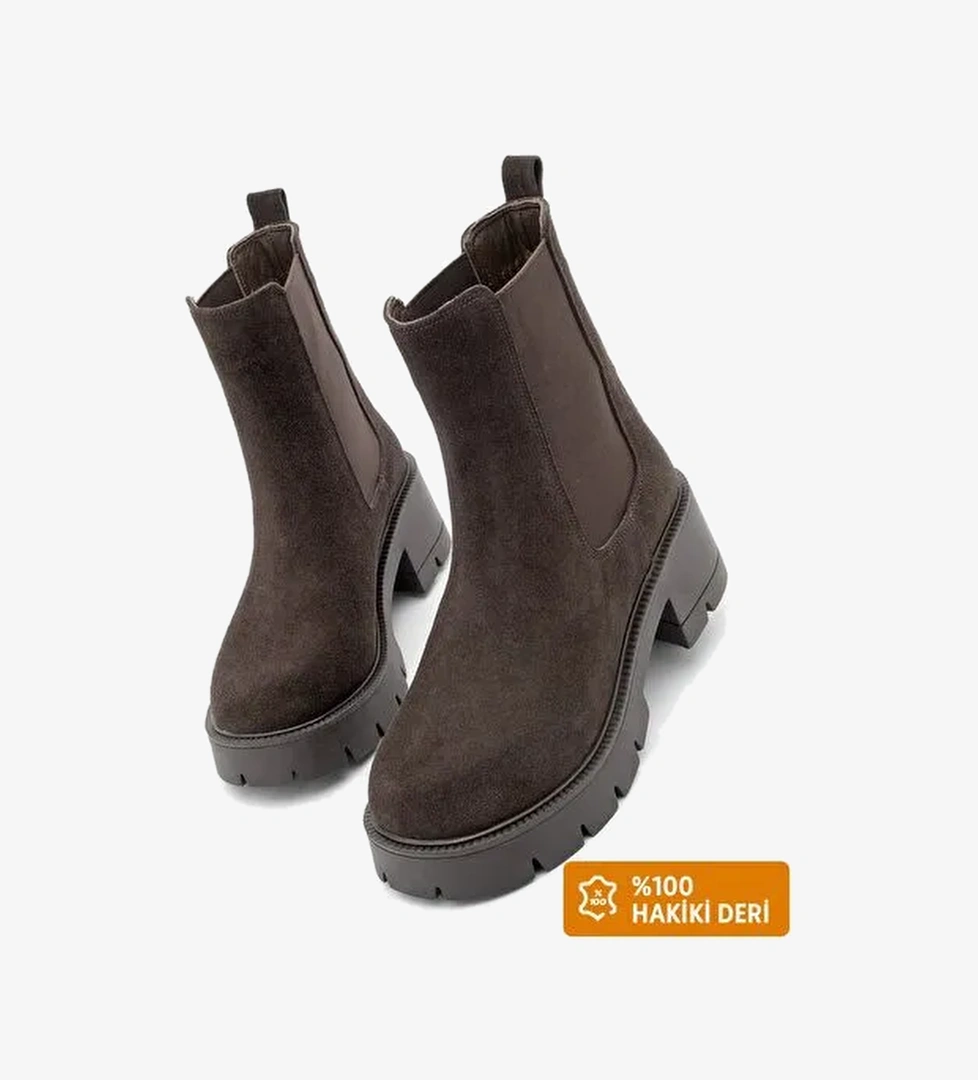 Kadın Hakiki Deri Çift Lastikli Kalın Topuklu Günlük Bot Viper Kahve Süet - Görsel 1