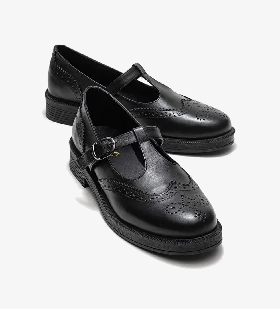 JANNEY Siyah Cilt Hakiki Deri Bantlı Kadın Loafer Ayakkabı - Görsel 1