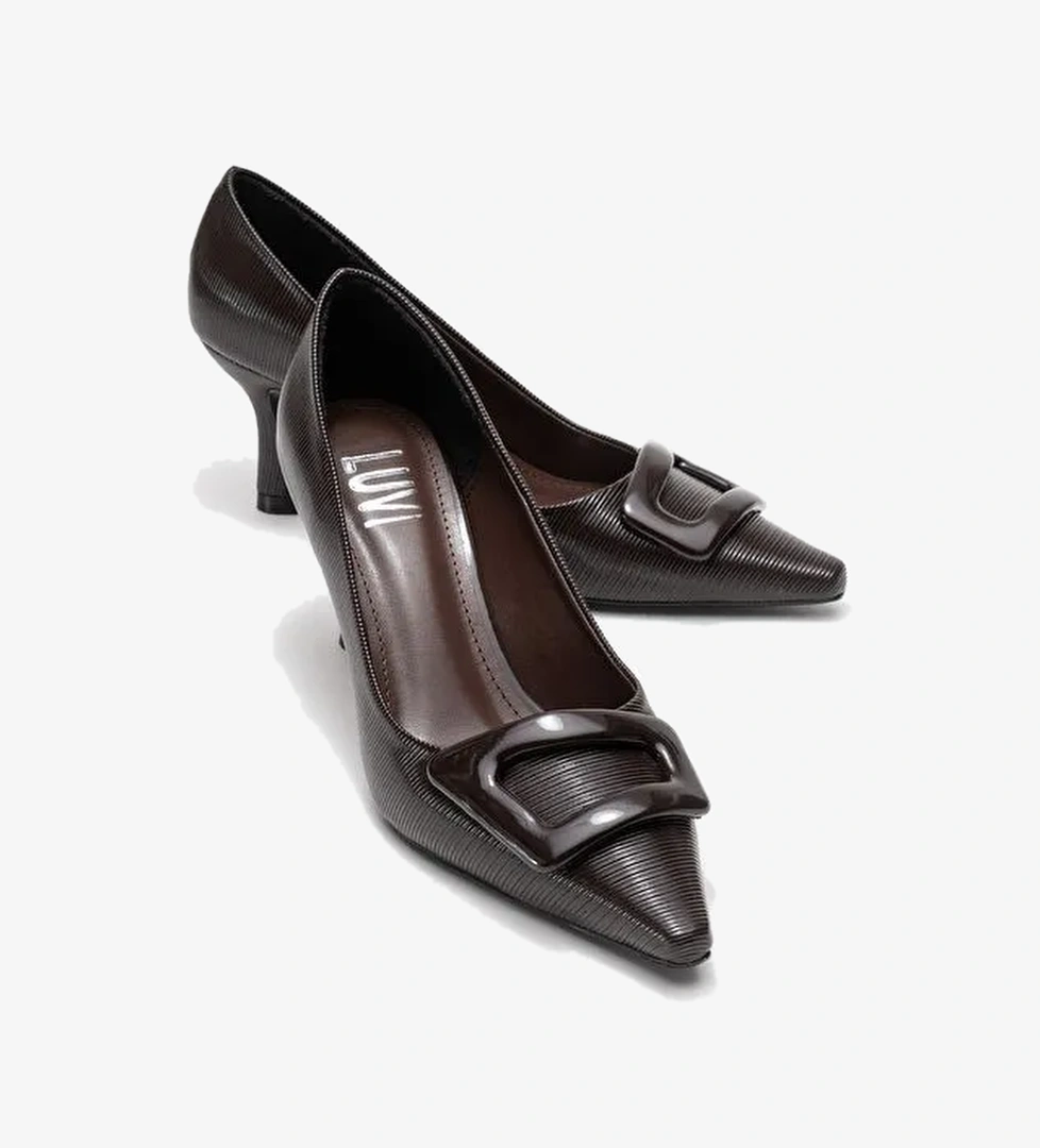 ASTRA Kahverengi Çizgili Tokalı Kadın Topuklu Ayakkabı - Görsel 1