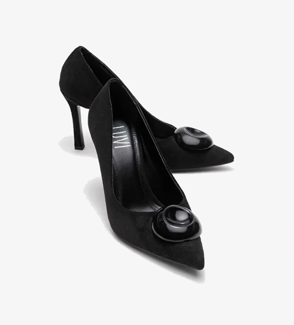 JORDANA Siyah Süet Siyah Tokalı Kadın İnce Topuklu Ayakkabı - Görsel 1