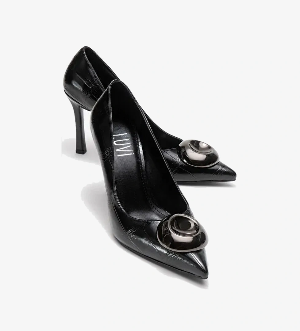 JORDANA Siyah Baskı Platin Tokalı Kadın İnce Topuklu Ayakkabı - Görsel 1