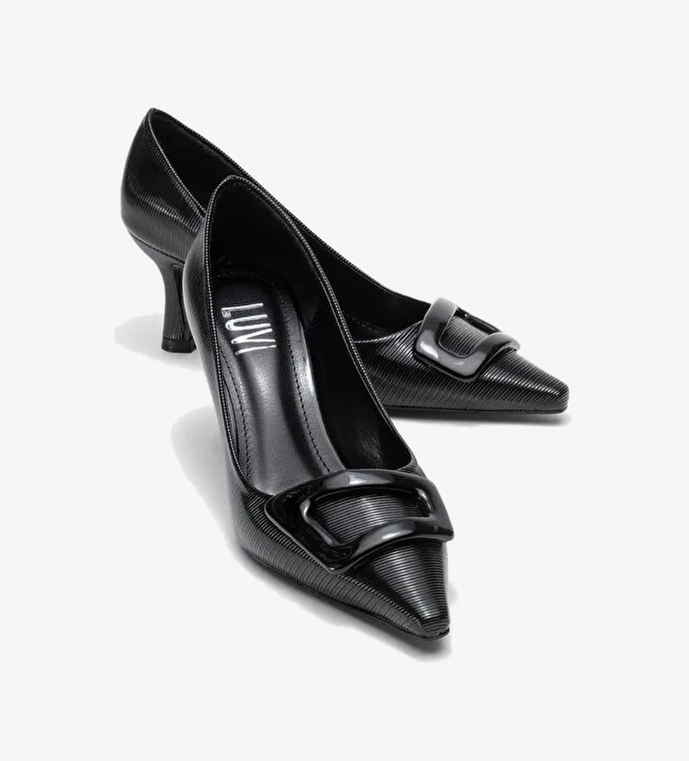 ASTRA Siyah Çizgili Tokalı Kadın Topuklu Ayakkabı - Görsel 1