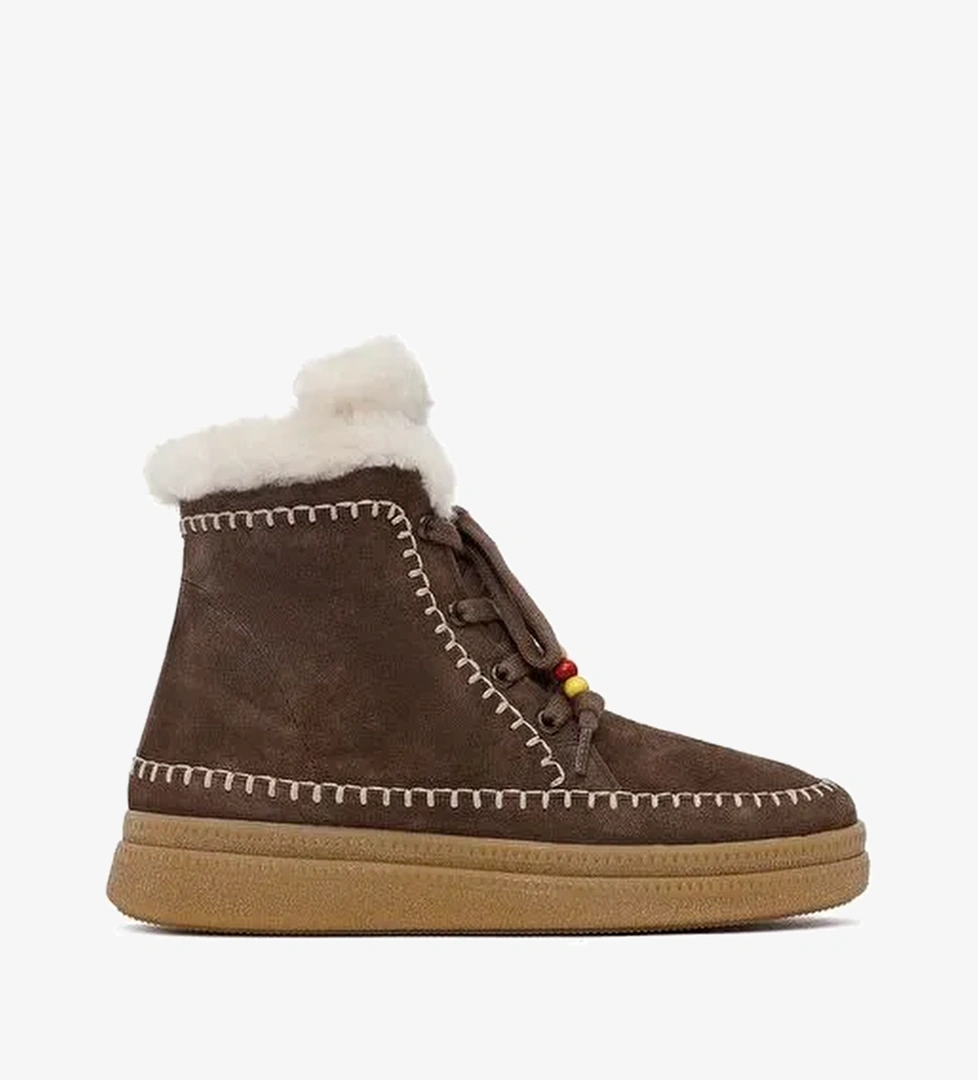 Kadın Kahverengi Bağcıklı Kalın Tabanlı Süet Deri Teddy Bot 25WFD205310 - Görsel 1