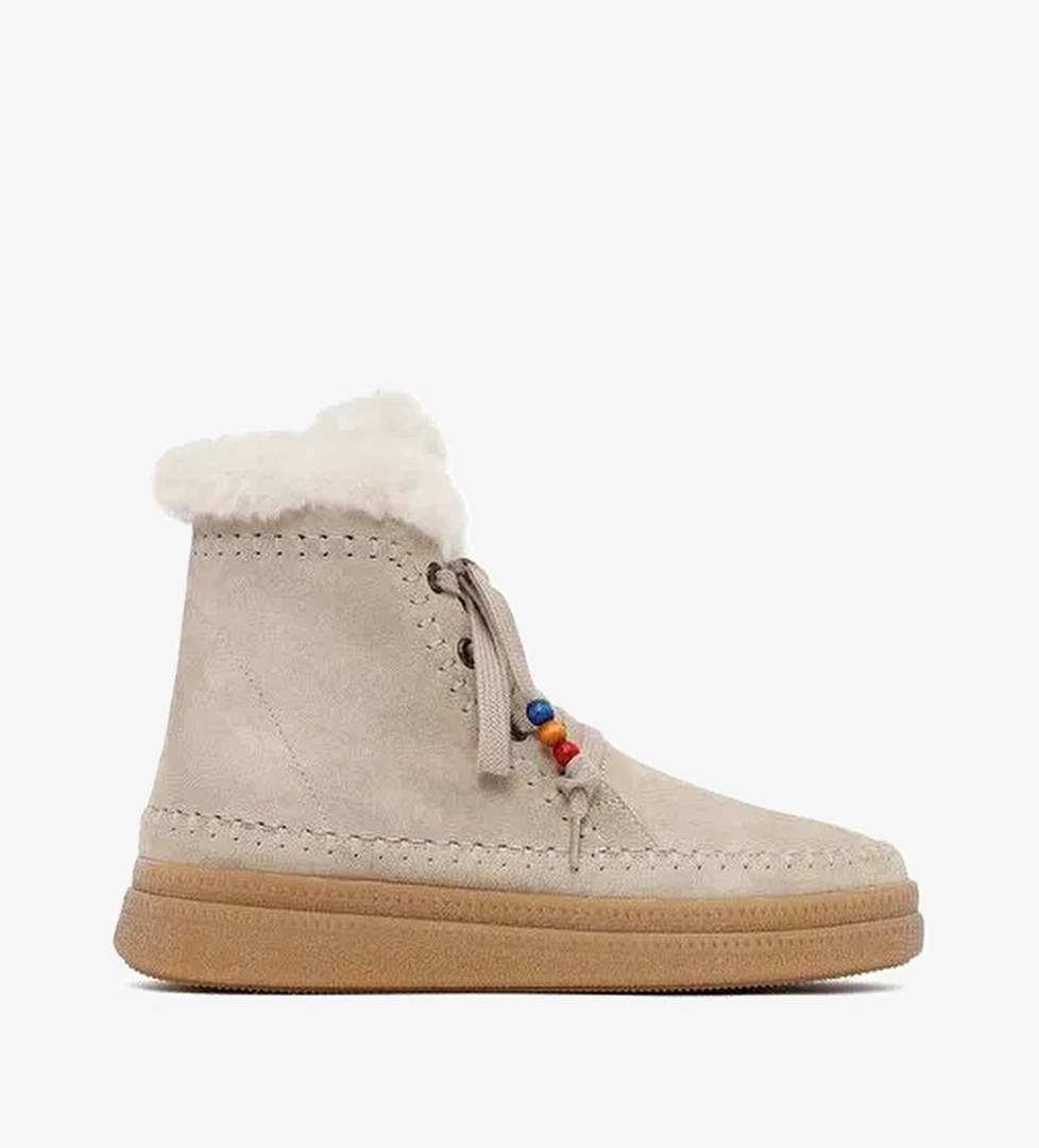 Kadın Bej Bağcıklı Kalın Tabanlı Süet Deri Teddy Bot 25WFD205310 - Görsel 1