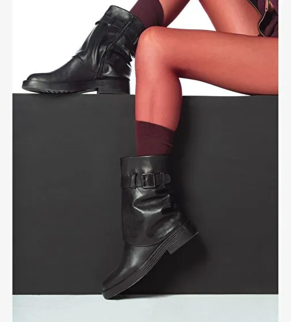 Kadın Siyah Tokalı Biker Deri Bot 25WFD202618 - Görsel 1