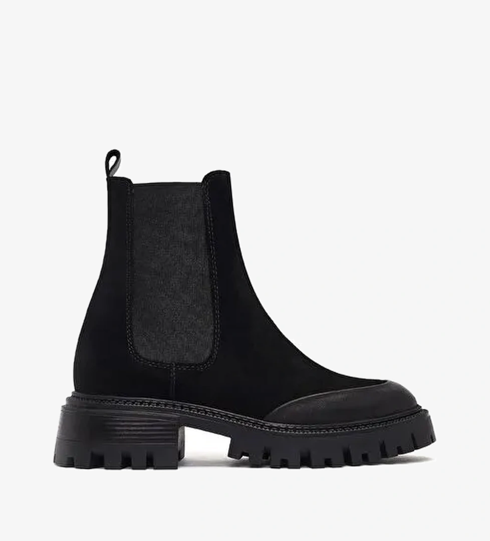 Kadın Siyah Kalın Tabanlı Süet Deri Chelsea Bot 25WFD150710 - Görsel 1