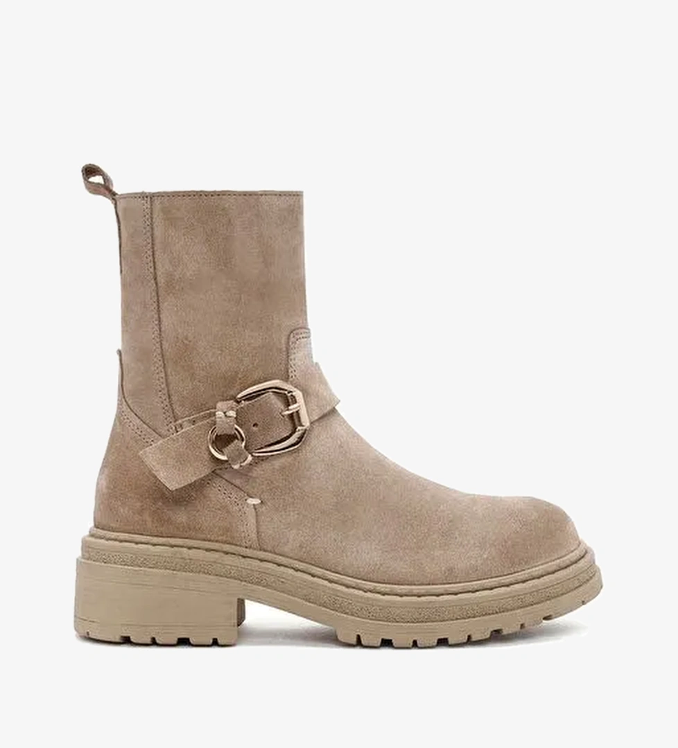 Kadın Bej Fermuarlı Kalın Tabanlı Süet Deri Bot 25WFD183210 - Görsel 1