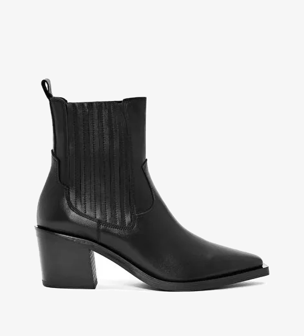 Kadın Siyah Kalın Topuklu Deri Kovboy Bot 25WFD151618 - Görsel 1