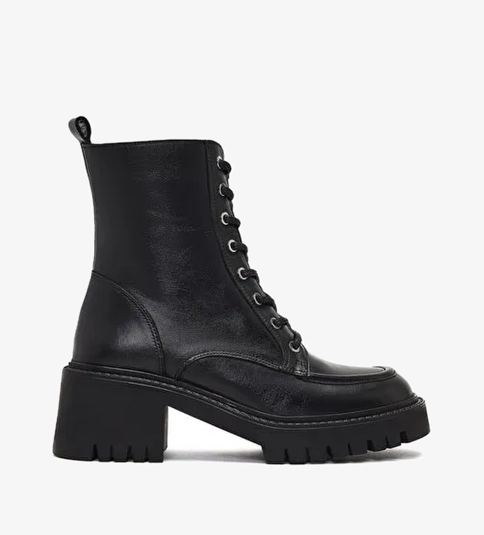 Kadın Siyah Fermuarlı Kalın Topuklu Deri Postal Bot 25WFD230518 - Görsel 1