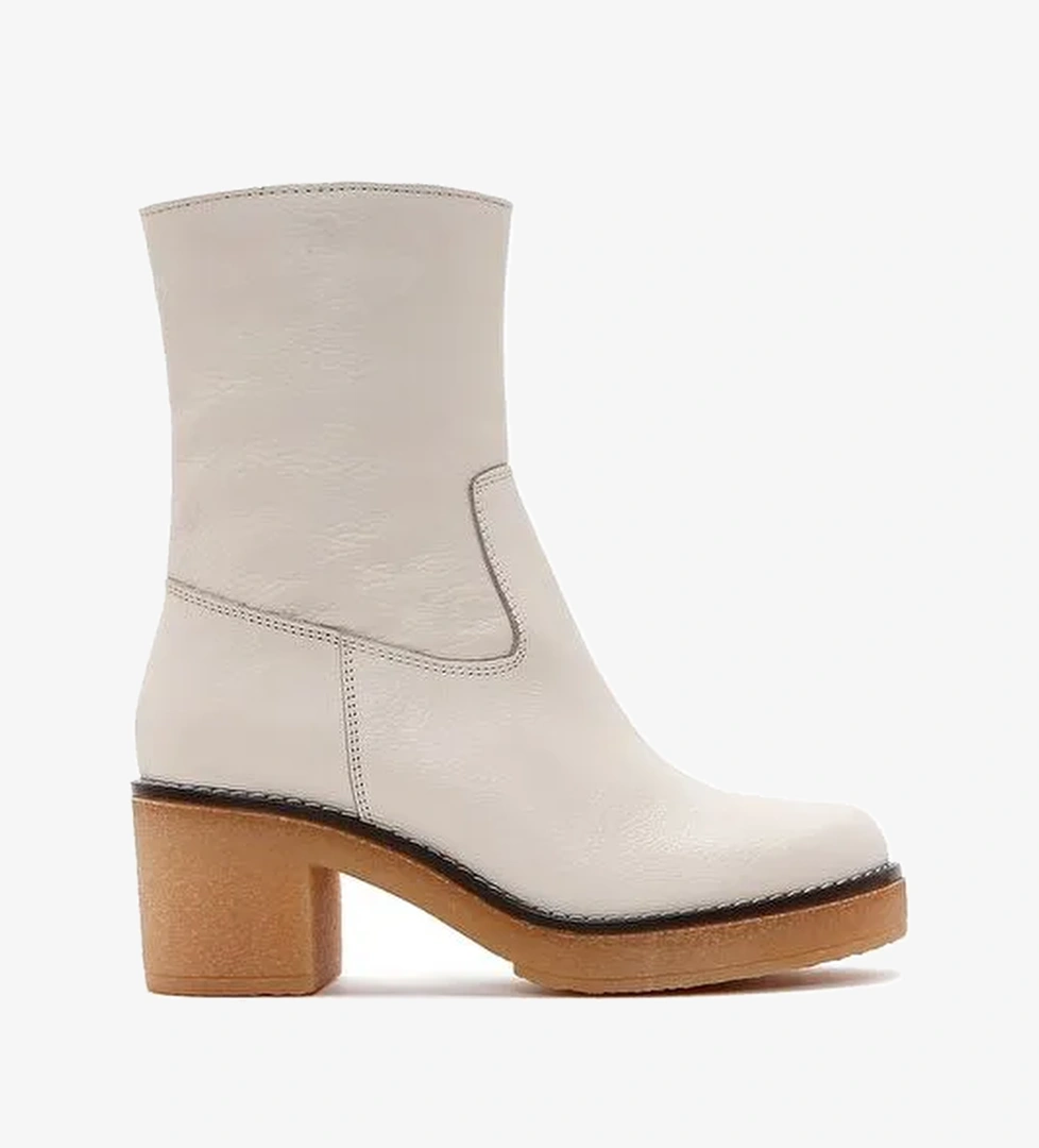Kadın Krem Fermuarlı Kısa Topuklu Deri Bot 25WFD1513FT - Görsel 1